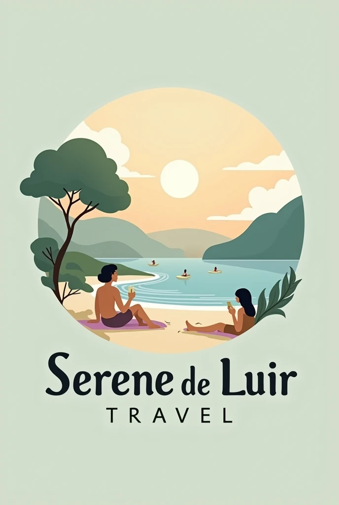make me a logo of travel or tour that the company name is SERENE NOIR TRAVEL inspired by the Korean drama of HOTEL DE LUNA inspired only, don't change the name of SERENE NOIR TRAVEL and make it calm vibe and relaxing vacations vibe and the name of company is much better if it is at the back of the pictures, it's better if it is morning and there's people enjoying