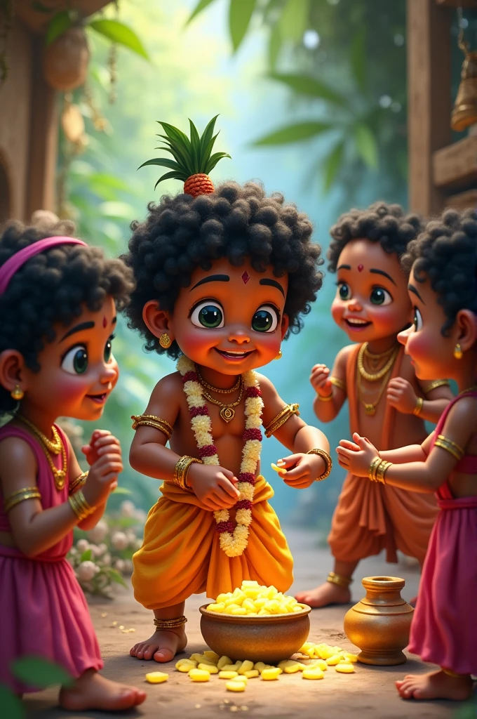 Show Lord Krishna as a  stealing butter, surrounded by his friends. Laughter and playful music in the background.