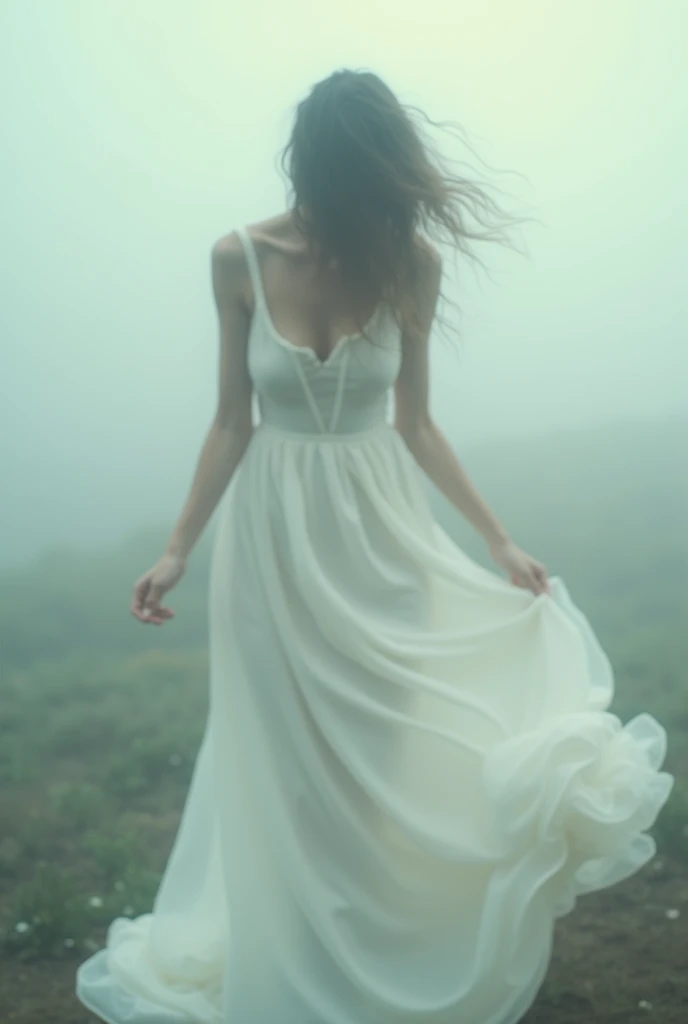 A blurred vision of a woman in a covered white dress. The feel and aesthetics of the image should showcase a dream-like state. The face is also blurred. Make the woman slighly facing away from the viewer.