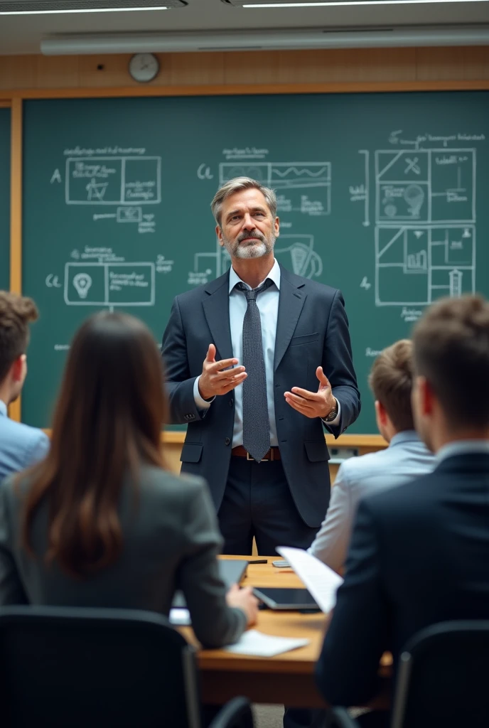 (photorealism:1.2), handsome man teaching in class to engineering graduates, writings tips on stress management on board