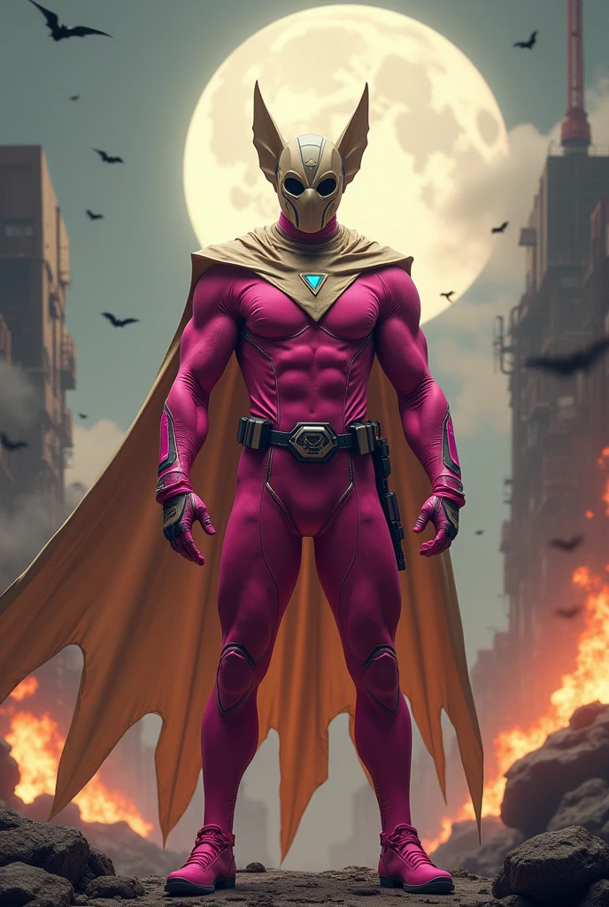 high-tech suit, vivid effects, malaysian superhero (KELUANG MAN) in a striking pink and beige costume cyberpunk design, mask small mini bat ear beige, daredevil biage mask, jumpsuit dark pink stands confidently in a dramatic, stormy landscape. ((Head covered node guard like batman , athletic body type, small mini ear bat mask))The character wears domino mask a helmet with pointed mini torn ears and a flowing cape biege, open nose and mouth. Equipped with visible futuristic weapons on a belt,bullet proof jacket pink dark day, dark night, big supermoon effect . Sma.logo on chest triangle shape small punisher logo center triangle cyber logo center on chest pink logo mini logo . rocky. Building top.smoke ground , bomb effect background, adding to --ar 3:4 --style raw --stylize 500 --v 6.1. chaos. Lot of small flying bat .