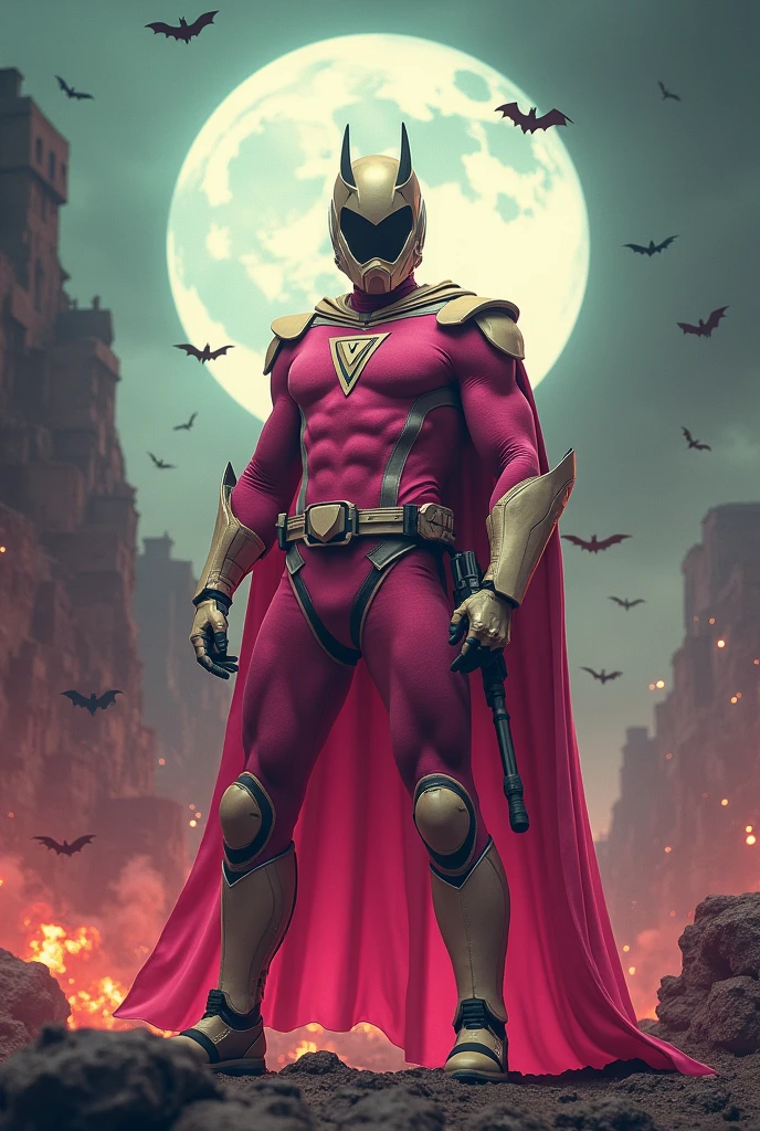 high-tech suit, vivid effects, malaysian superhero (KELUANG MAN) in a striking pink and beige costume cyberpunk design, mask small mini bat ear beige, daredevil biage mask, jumpsuit dark pink stands confidently in a dramatic, stormy landscape. ((Head covered node guard like batman , athletic body type, small mini ear bat mask))The character wears domino mask a helmet with pointed mini torn ears and a flowing cape biege, open nose and mouth. Equipped with visible futuristic weapons on a belt,bullet proof jacket pink dark day, dark night, big supermoon effect . Sma.logo on chest triangle shape small punisher logo center triangle cyber logo center on chest pink logo mini logo . rocky. Building top.smoke ground , bomb effect background, adding to --ar 3:4 --style raw --stylize 500 --v 6.1. chaos. Lot of small flying bat .