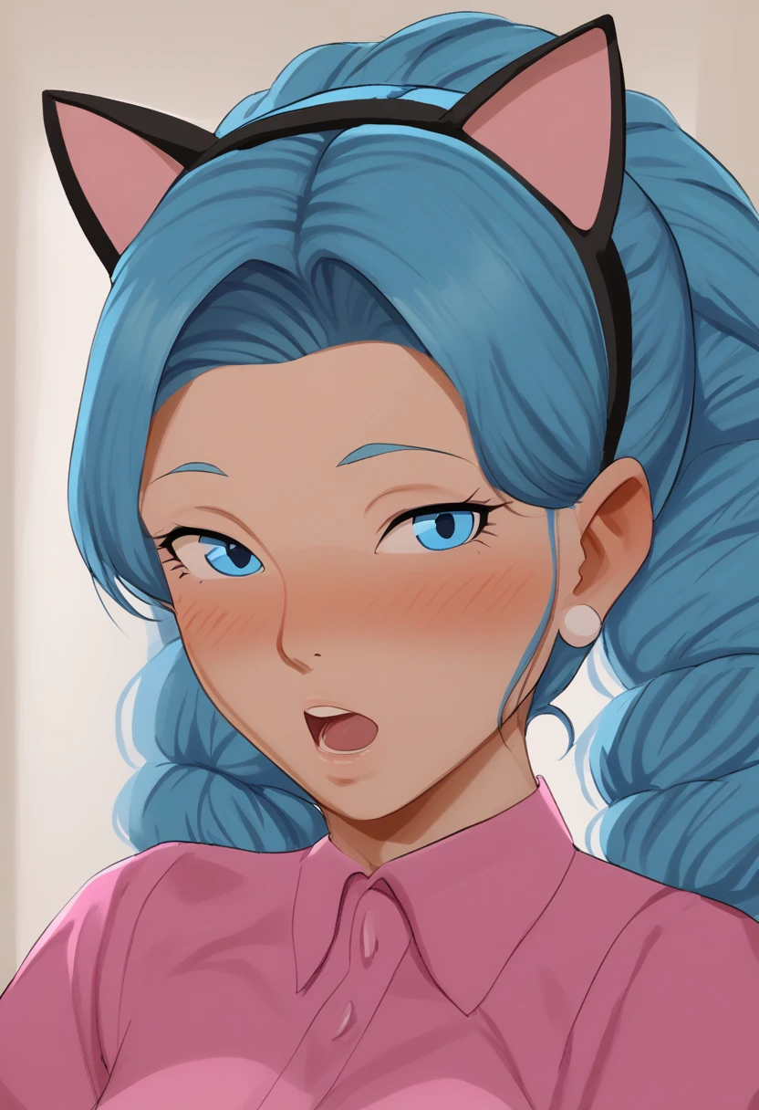 (score_8_up:0.7)
mature female,
1girl, animal ears, solo, blush, blue eyes, blue hair, long hair, cat ears, alternate hairstyle, ponytail, open mouth, looking at viewer, twintails, fake animal ears,
true anime style,  