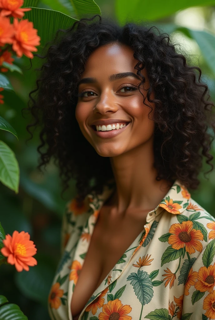 A Brazilian woman in a lush tropical garden, wearing an open shirt with a floral print, with a close-up capturing the harmonious beauty between her breasts and the natural flowers, showing off your natural charm and outgoing personality.