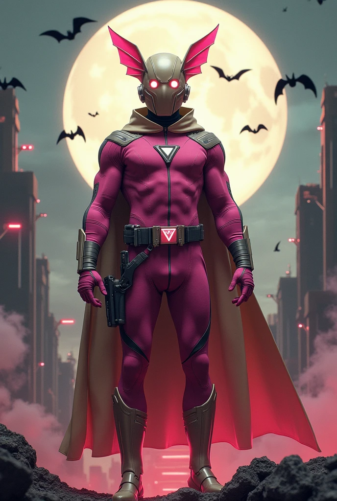high-tech suit, vivid effects, malaysian superhero (KELUANG MAN) in a striking pink and beige costume cyberpunk design, mask small mini bat ear beige, daredevil biage mask, jumpsuit dark pink stands confidently in a dramatic, stormy landscape. ((Head covered node guard like batman , athletic body type, small mini ear bat mask))The character wears domino mask a helmet with pointed mini torn ears and a flowing cape biege, open nose and mouth. Equipped with visible futuristic weapons on a belt,bullet proof jacket pink dark day, dark night, big supermoon effect . Sma.logo on chest triangle shape small punisher logo center triangle cyber logo center on chest pink logo mini logo . rocky. Building top.smoke ground , bomb effect background, adding to --ar 3:4 --style raw --stylize 500 --v 6.1. chaos. Lot of small flying bat .