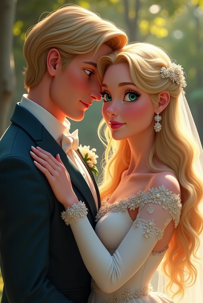 Beautiful pretty princess with blue eyes, with natural pink lips and straight eyebrows with blonde hair and a long white dress with sleeves down to her shoulders marrying a prince with green eyes and wavy blonde hair, different and realistic image, not animated