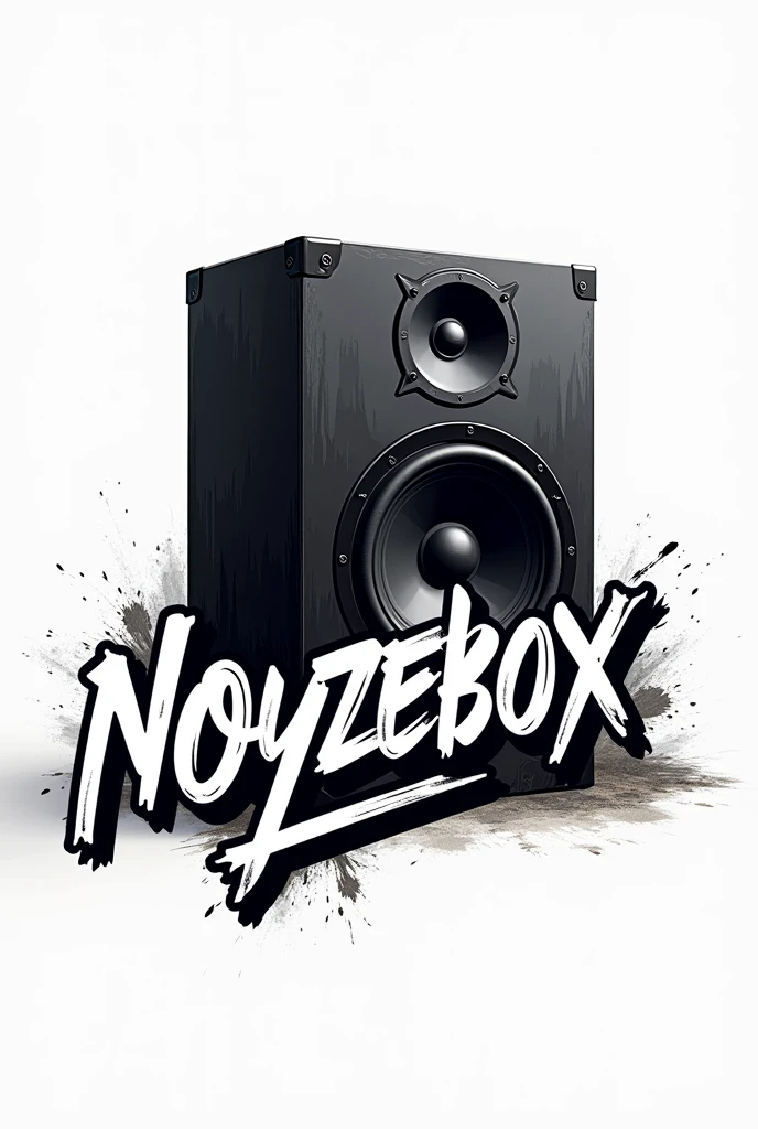 logo with letters "NoyzeBox" on a large black rectangular speaker on a white background. street art. hip hop