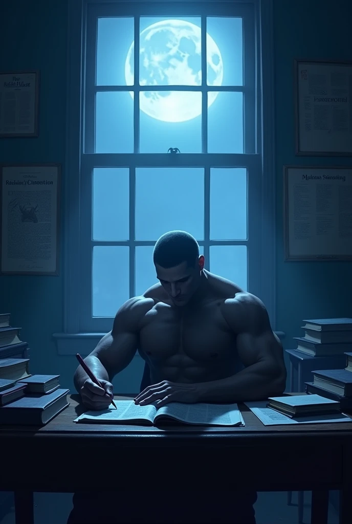 Bedroom, window light come from blue moon in room table with lot of books and notes notice board in the wall behind the table return no destruction only focus and shadow no face details of a bodybuilder listening Quran