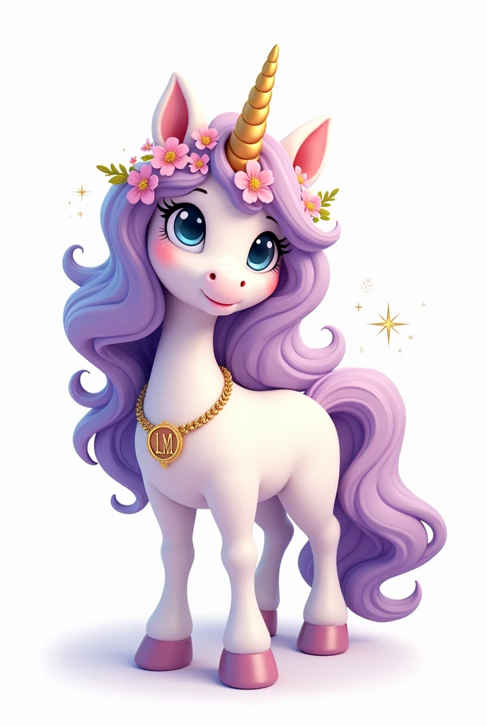 a white unicorn standing looking to the side, cute Disney Pixar style, cute face, O Unicórnio is on its side and standing looking sideways forward , showing all the unicorn, Loose, voluminous, flowing curly hair in lilac colors, Pink, yellow, Unripe, cerúleo, putridity, Unripe, hair and mane with all the colors of the rainbow, with a predominant strong lilac, em volta do cabelo pequenas flores Pinks forte com folhas Unripes e também estrelas, Dedicated gold chain with pendant and inside the pendant the delicate capital letters LM on the neck, BLUE eyes and the unicorn sparkles with some sparkles, Feema unicorn white background, Flying hair, very voluminous, golden tiara on delicate head white background and unicorn stands out from the background, O Unicórnio has sparkling sparkles in its hair, The Unicorn is fuller, The face of the little god, strong lilac hair with blue bangs, Pink, yellow, Unripe the png background
