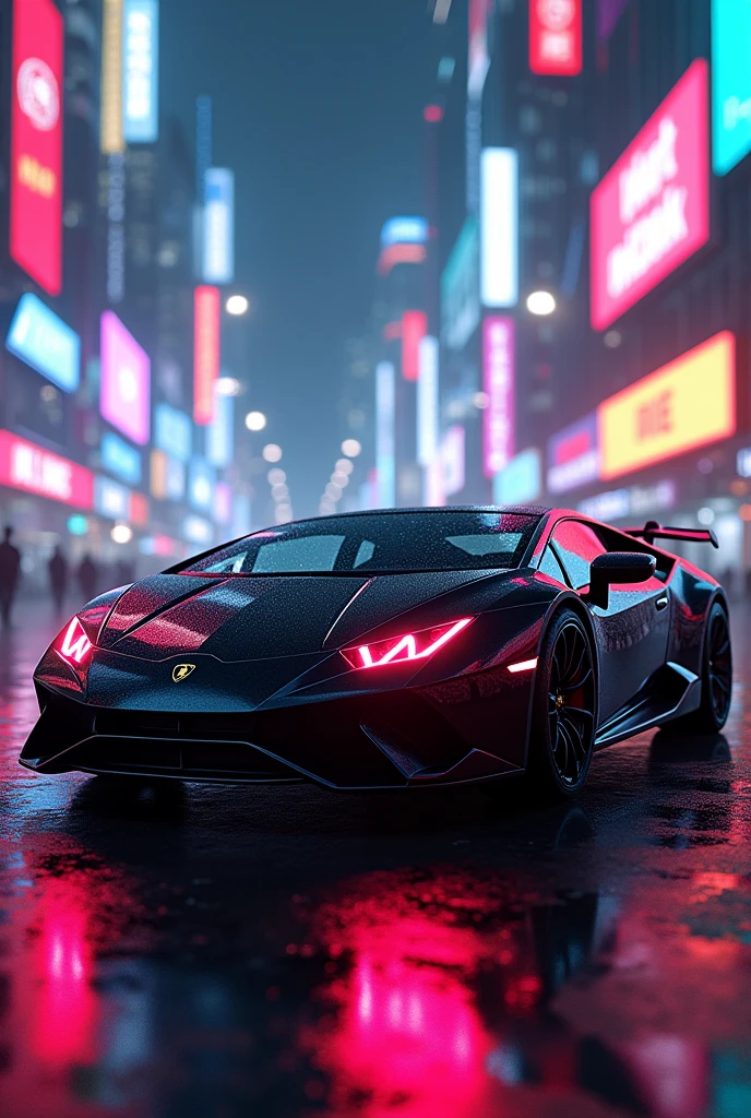 Lamborghini in black colour neon head light cyberpunk city bheind lighting city