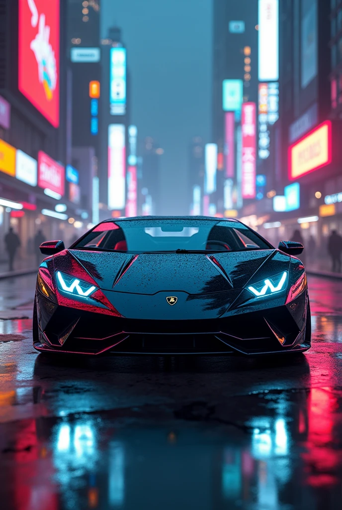 Lamborghini in black colour neon head light cyberpunk city bheind lighting city
