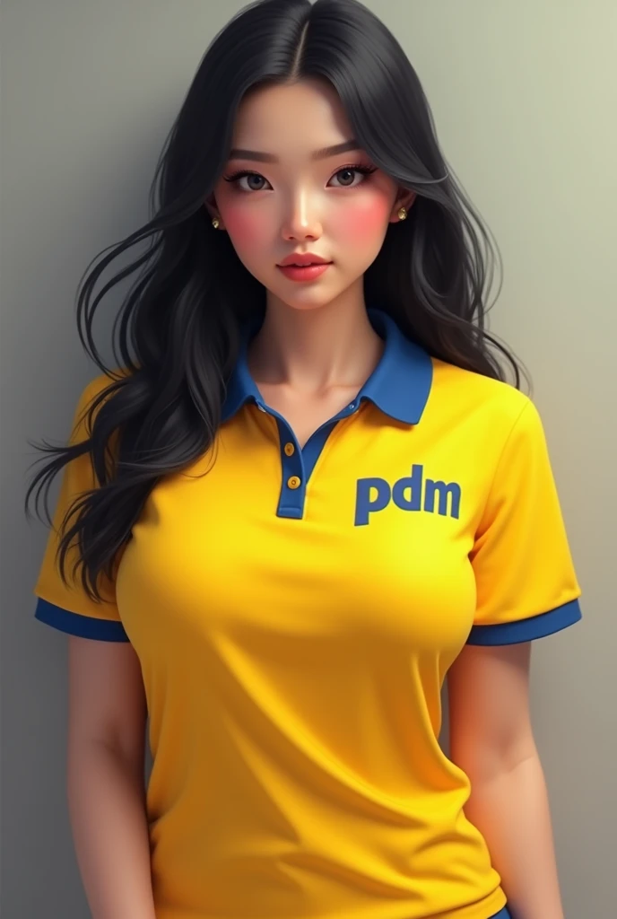 Make a young adult white woman yellow polo shirt with blue collar with print "PDM" On the chest. long black  hair. delicious, large body, big breasts small eyes big cheeks