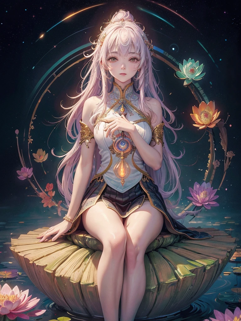 Colorful glow, Spectrum of light surrounding yoga postures and the seven chakras, Vibrant colors、An explosion of colors, Beautiful woman in white clothes sitting on a water lily, Complicated stuff, The background is complicated, spiritual, god聖な, dream-like, Cosmic, Shocking, god, pineal gland, dream-like, (Highly detailed CG Unity 16k wallpaper:1.1), (Noise reduction strength: 1.45), (masterpiece:1.37), Ultra-realistic, god rays, Ray Tracing, Ultra-high resolution, Awards