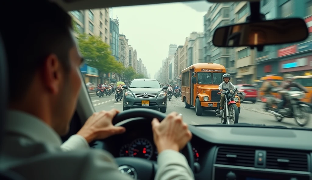 Driver shocked by traffic, accident, carriages, motorcycles
