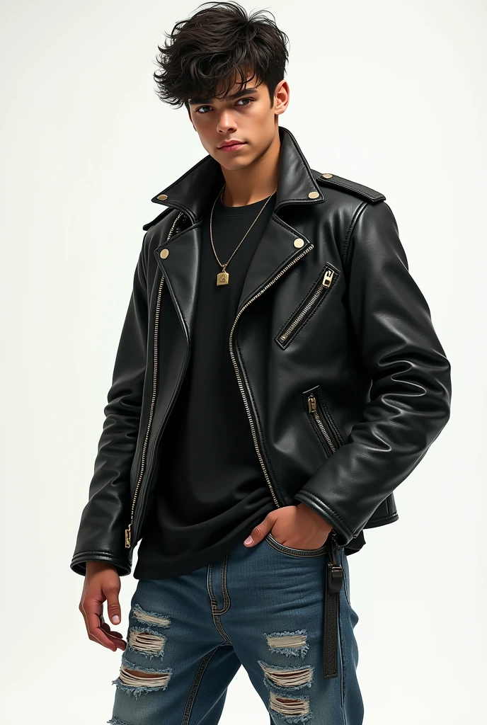 A boy wearing black leather jacket and  blue baggy jeans pant full body 
photo 

