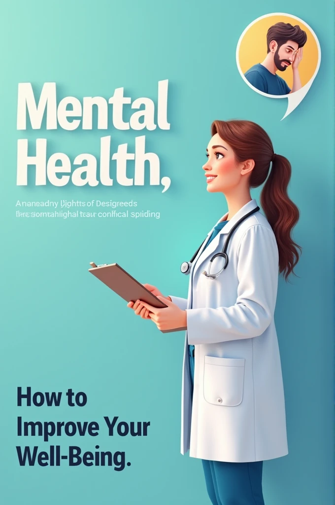 Create an image designed to promote mental health awareness. On the right side of the image, depict a caring female doctor in a white coat, smiling and holding a clipboard. Next to her, in large bold text, write 'Mental Health' and below it in smaller text, add 'How to Improve Your Well-being.' On the far right side, include an image of a man who appears stressed or anxious, representing someone struggling with mental health. Use calming colors like blue and green to give the image a soothing feel."