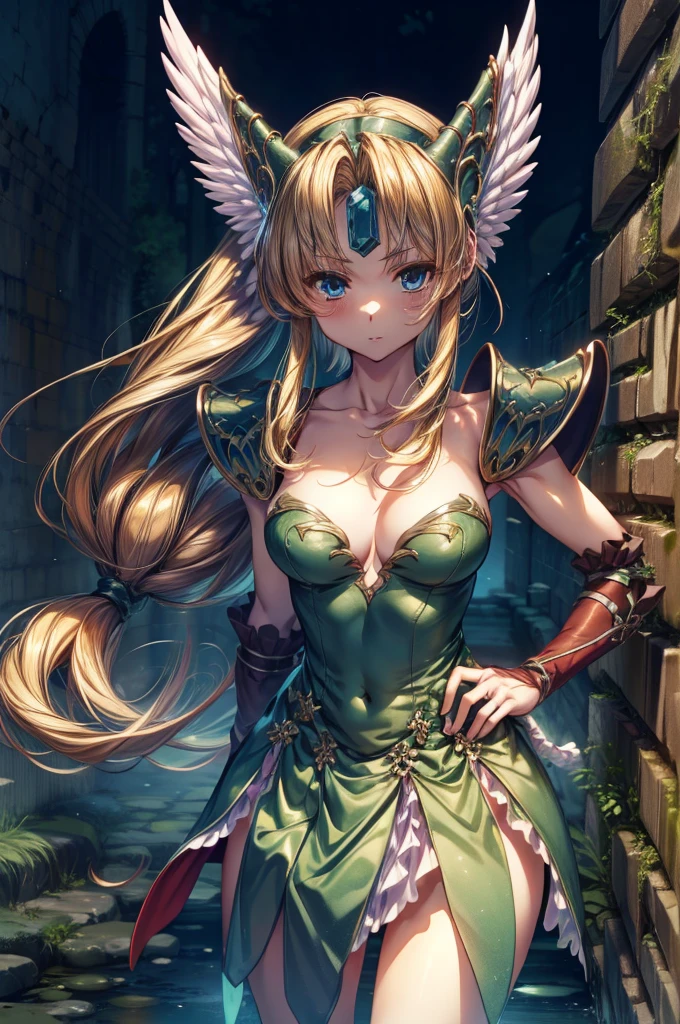 (masterpiece, Highest quality:1.2), Cowboy Shot, alone, one person, Riesz, View your viewers,, Long hair tied low, Winged Helmet,green dress, armor, shoulder armor, Bridal Gauntlet, Cleavage,In the dungeons