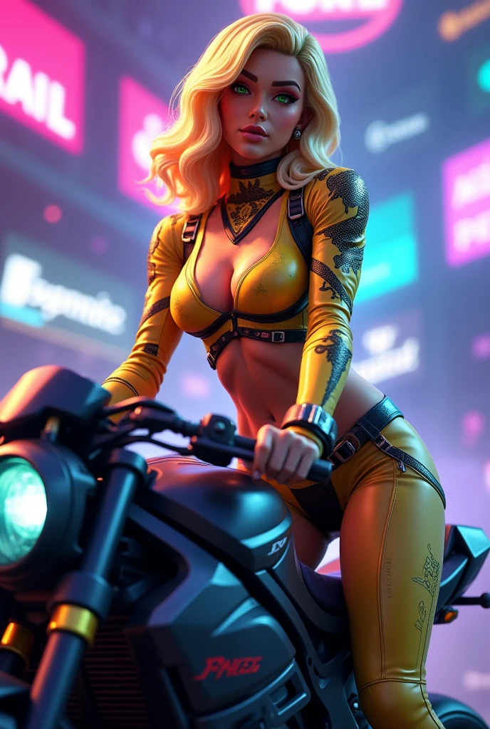 Short woman, fea, with green eyes,hair color and blonde, dressed as the avatar of singer Karol G in Fortnite, being cocky and riding sexy on her black racing bike