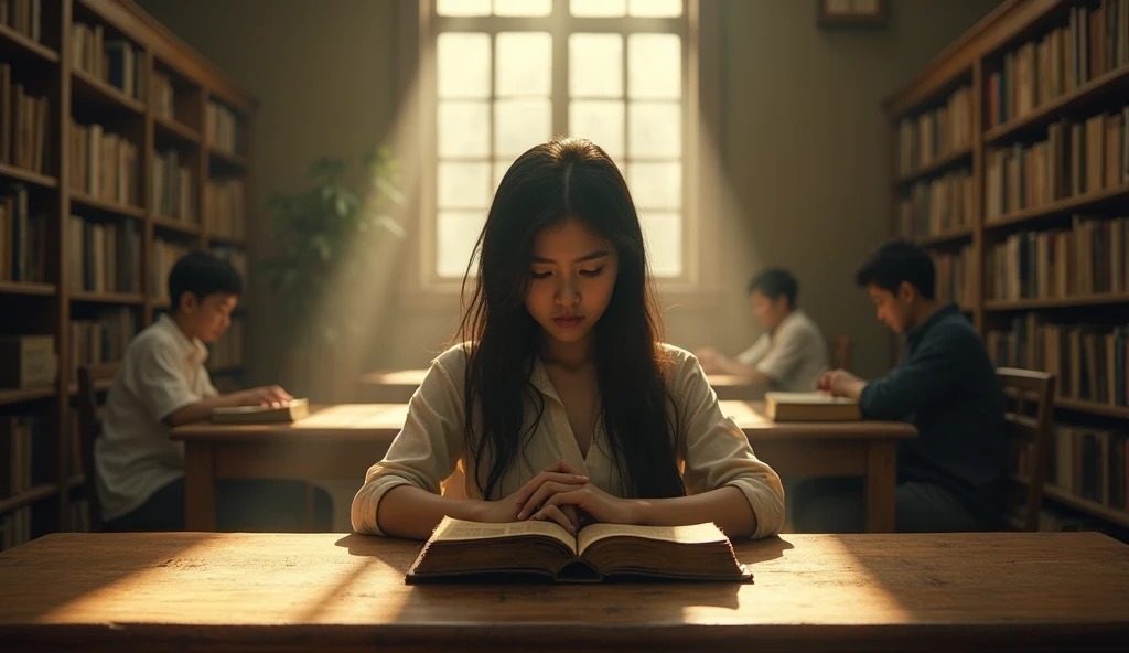 Prompt: "A quiet Mae Fah Luang university library in the late afternoon, with rows of bookshelves and a few scattered students studying. At a wooden table, a young woman is intently reading an old, dusty book. Her surroundings are peaceful, but her focused expression hints at the dark history she is uncovering. The warm sunlight filtering through the windows contrasts with the ominous subject of her research."