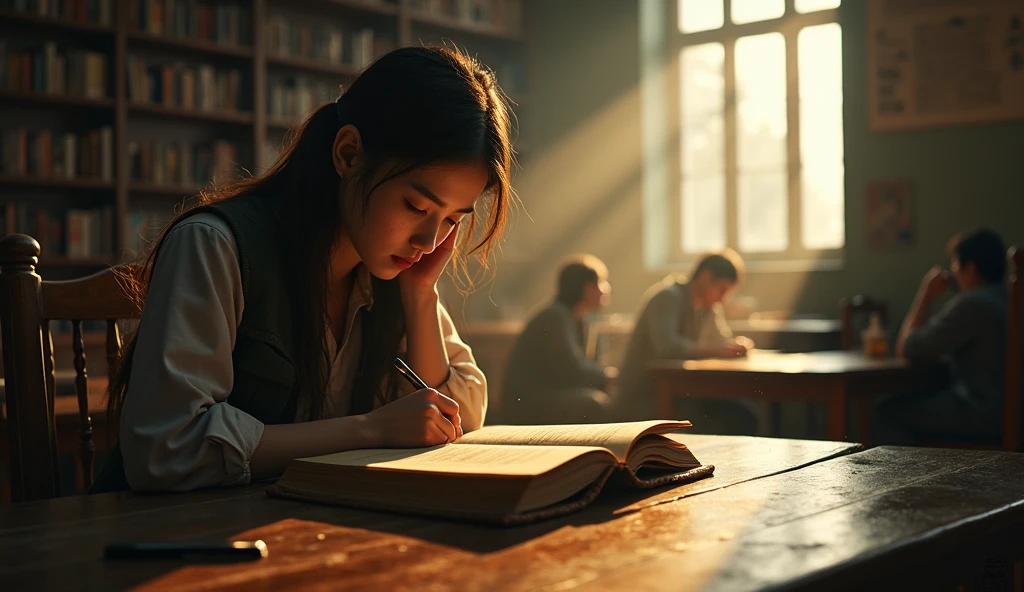 Prompt: "A quiet  Mae Fah Luang university library in the late afternoon, with rows of bookshelves and a few scattered students studying. At a wooden table, a young woman is intently reading an old, dusty book. Her surroundings are peaceful, but her focused expression hints at the dark history she is uncovering. The warm sunlight filtering through the windows contrasts with the ominous subject of her research."