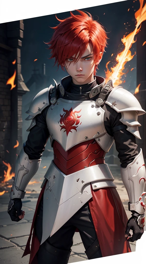 1 teen male, Holding Pyro Dragon Claymore, Wear Mechanical White Armor Suit, red Hair with Emo Hairstyle, Genshin Impact Style, Underwarter Ruin Background, Have Hidden Blade, White Eye, Fine Emotion Mood, Fighting stance, detailed eyes, detailed face, Anime Art, Anime Style, Anime, very detailed, High Detail.