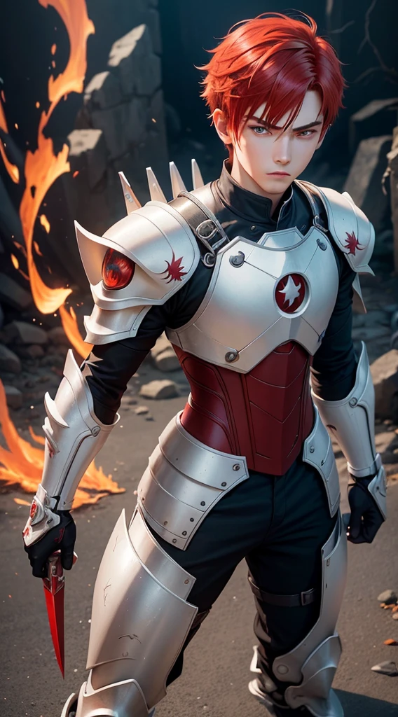 1 teen male, Holding Pyro Dragon Claymore, Wear Mechanical White Armor Suit, red Hair with Emo Hairstyle, Genshin Impact Style, Underwarter Ruin Background, Have Hidden Blade, White Eye, Fine Emotion Mood, Fighting stance, detailed eyes, detailed face, Anime Art, Anime Style, Anime, very detailed, High Detail.