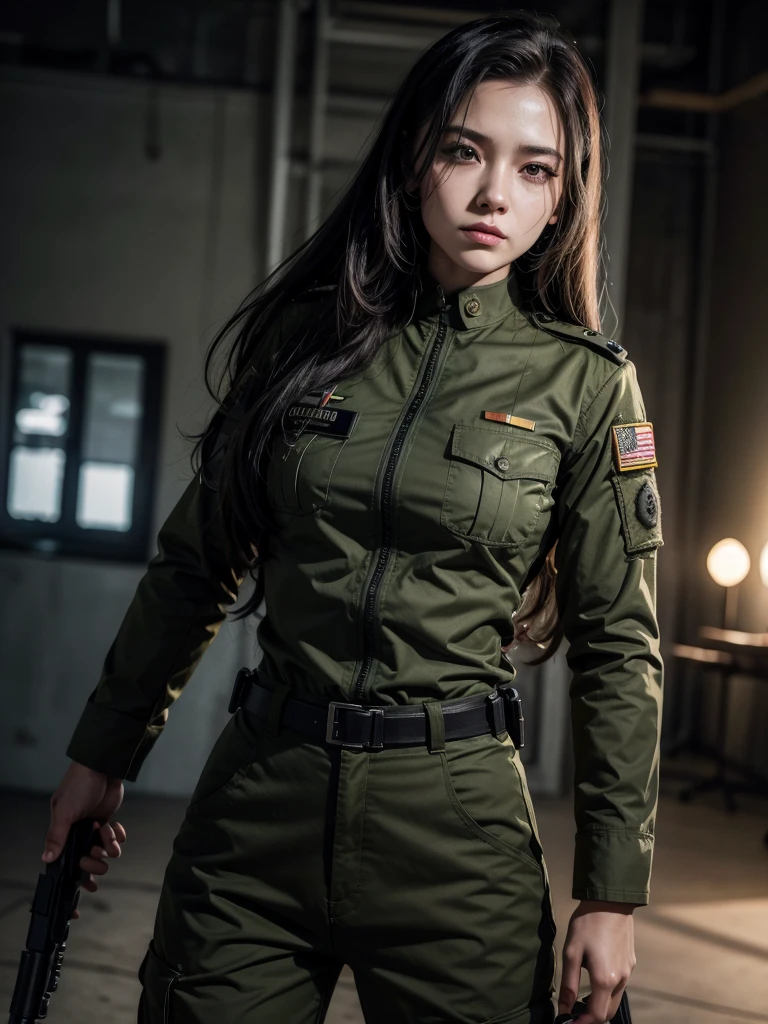 Woman in military uniform and weapons, full hd, 4K, striking look, long hair, marked jaw, military woman, outlined body, black military uniform, tactical pants