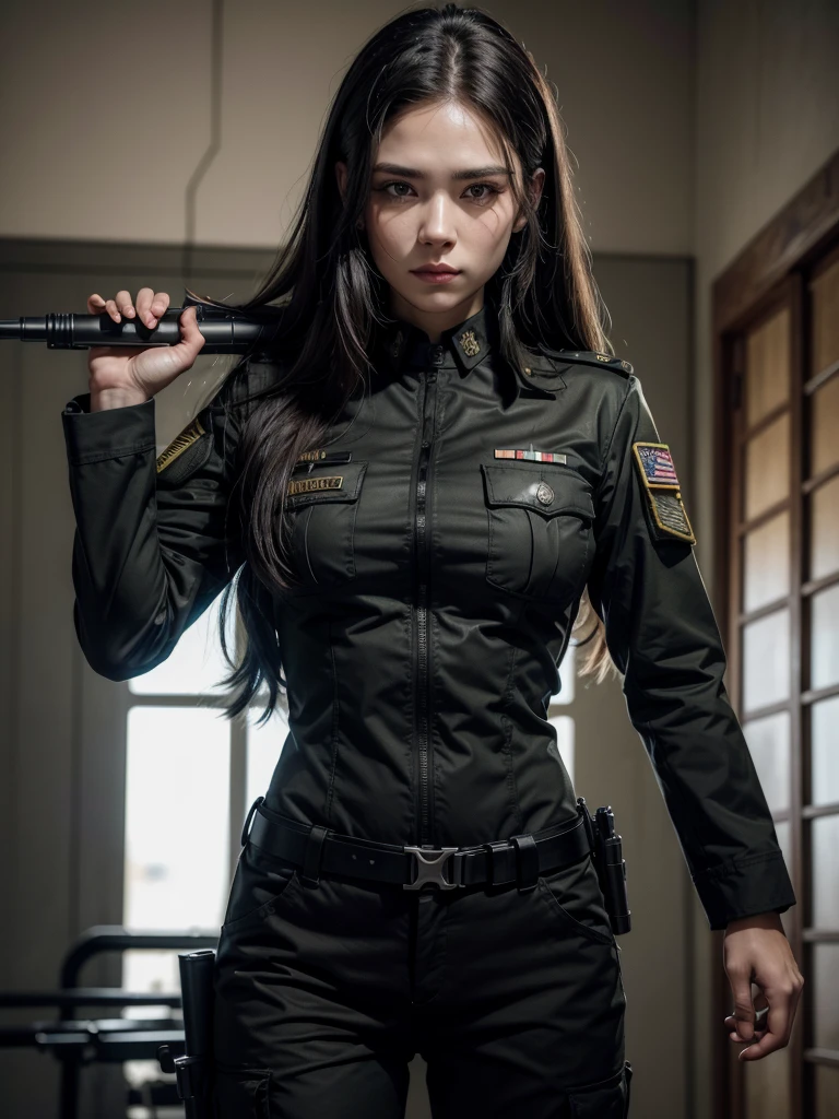 Woman in military uniform and weapons, full hd, 4K, striking look, long hair, marked jaw, military woman, outlined body, black military uniform, tactical pants