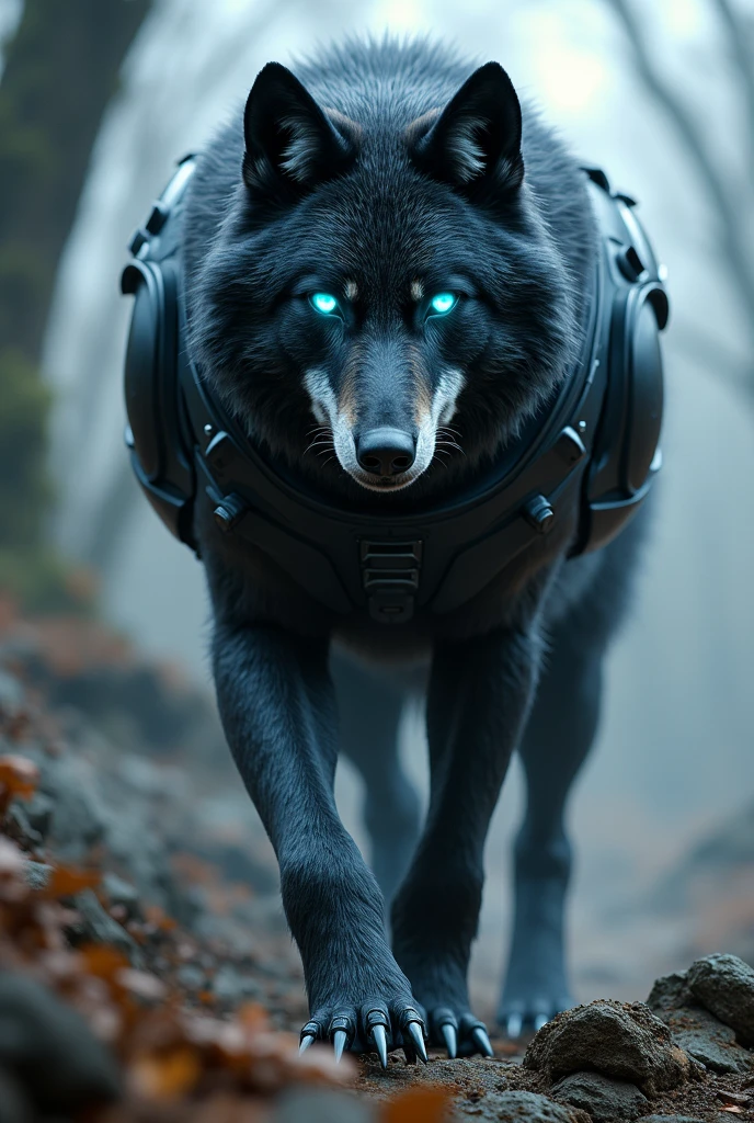 A scry dark wild wolf
with robotic suit bule eyes