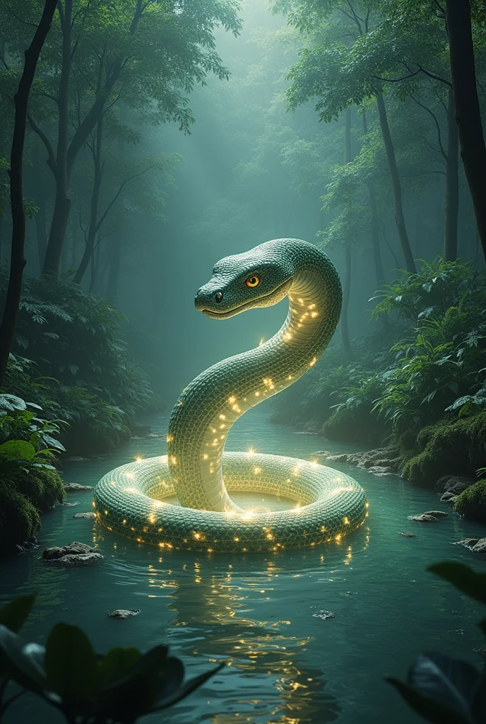 A snake making a circle following the pool and rising, illuminating a forest around it