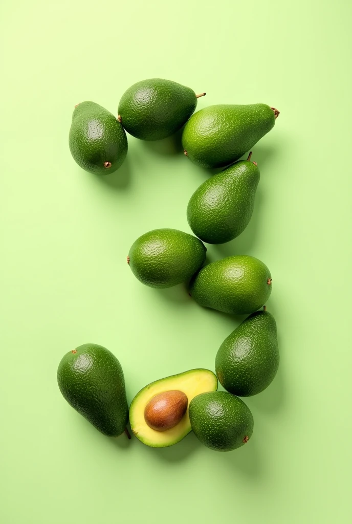 Show me a picture of several avocados forming the number 3