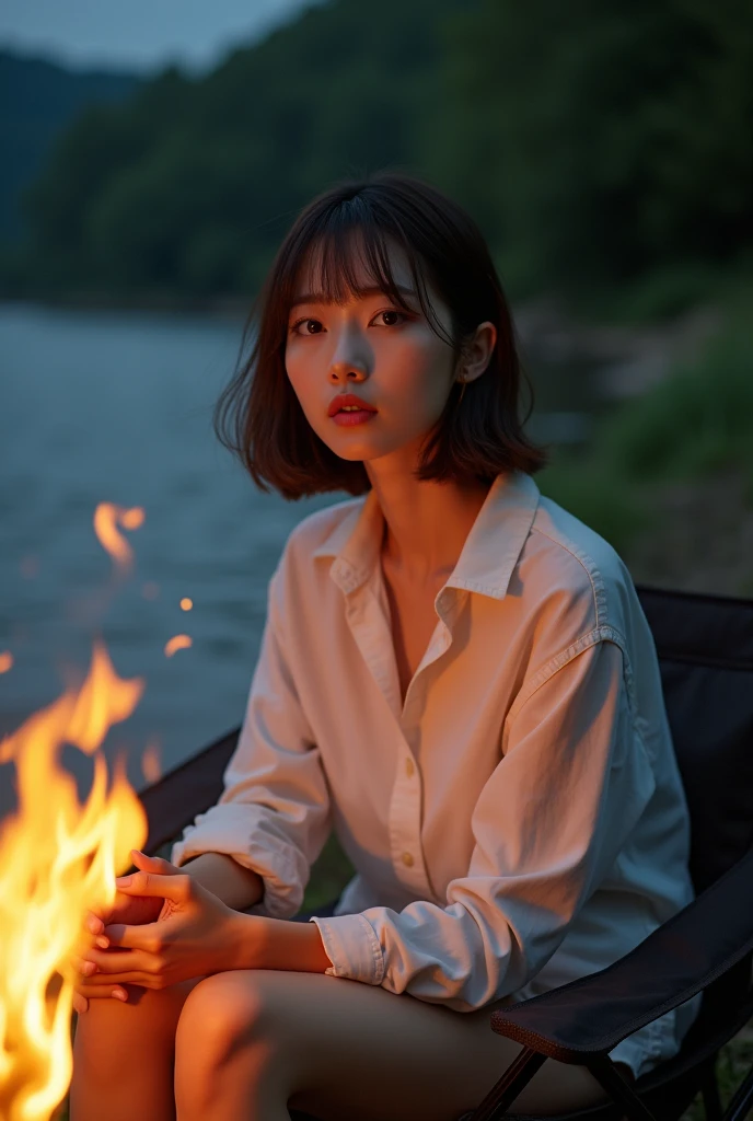 I have some bold ideas. Want to listen?
Pig Man Remix Copying Instructions Please make a realistic photo of a beautiful Korean woman sitting by a campfire by the river at dusk. The warm light from the campfire should illuminate his face and surroundings.. He was sitting on a folding chair., without realizing that he was being photographed. Her beauty resembles a Korean idol or martial arts actress., creating a charming and almost fantastical atmosphere in the photo. He was wearing a white shirt, and behind it, it doesn't charge anything. The body proportions are approximately 9:1, makes her look tall and slim. She has a short bob hairstyle, and her hair looked a bit brownish because of the reflection of the fire. The expression should be natural, reflecting the serenity of that moment by the campfire. Make sure that the composition of the photo captures the serene atmosphere of the campfire scene., with the river and nature in the background, and the warm, soft light from the fire that highlights its features and its surroundings..