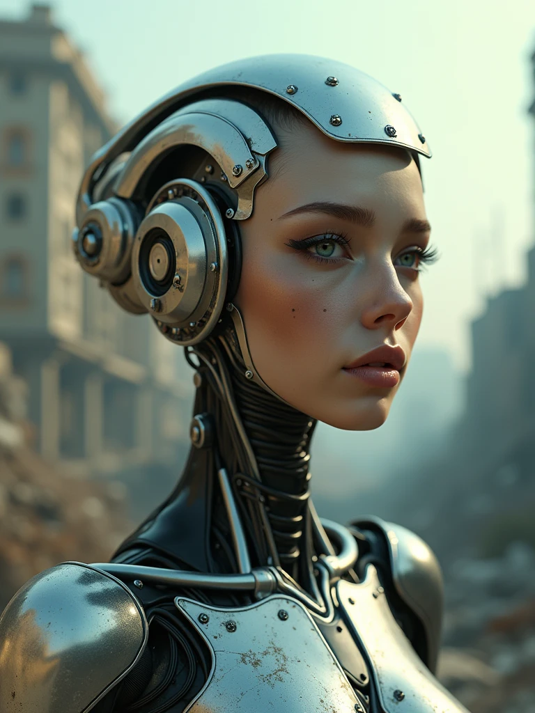 beautiful cyborg woman degenerative future, Whole body, destroyed environment, super realistic image, full details