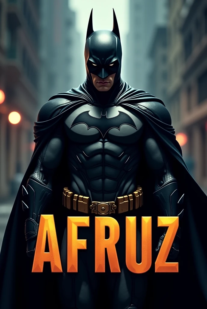The name Afruz, in block letters, in front of the batman hero