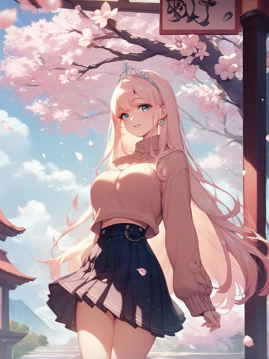 sweater, Short skirt, Eyes are very delicate, beautiful girl, Long Hair, Under the cherry tree, Cherry blossom petals fluttering to the ground,  Too many, Large and drooping, Big Tiara,