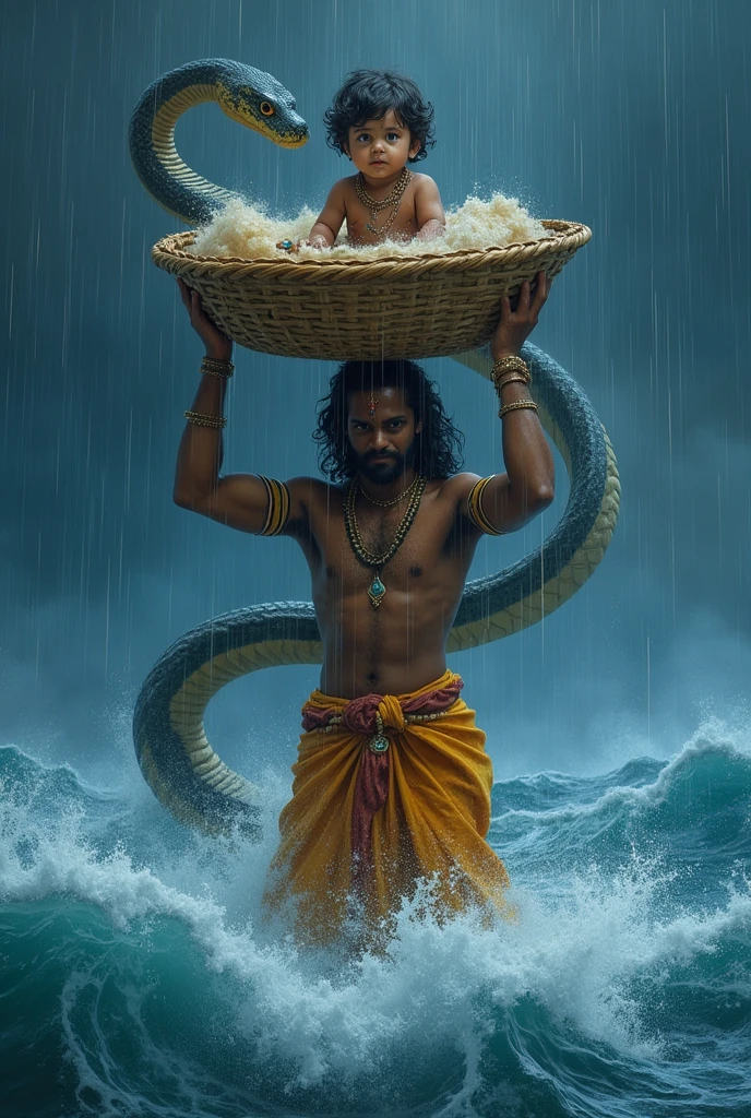 Lord Krishna father carrying him on bamboo basket on  his had and crossing blue sea in heavy rain and Cobra standing behind him