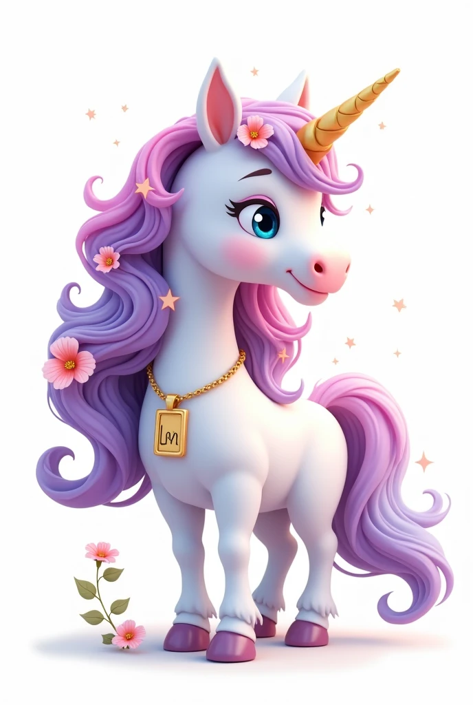 a white unicorn standing looking to the side, cute Disney Pixar style, cute face, O Unicórnio is on its side and standing looking sideways forward , showing all the unicorn, Loose, voluminous, flowing curly hair in lilac colors, Pink, yellow, Unripe, cerúleo, putridity, Unripe, hair and mane with all the colors of the rainbow, with a predominant strong lilac, em volta do cabelo pequenas flores Pinks forte com folhas Unripes e também estrelas, Dedicated gold chain with pendant and inside the pendant the delicate capital letters LM on the neck, BLUE eyes and the unicorn sparkles with some sparkles, Feema unicorn white background, Flying hair, very voluminous, golden tiara on delicate head white background and unicorn stands out from the background, O Unicórnio has sparkling sparkles in its hair, The Unicorn is fuller, The face of the little god, strong lilac hair with blue bangs, Pink, yellow, Unripe the png background