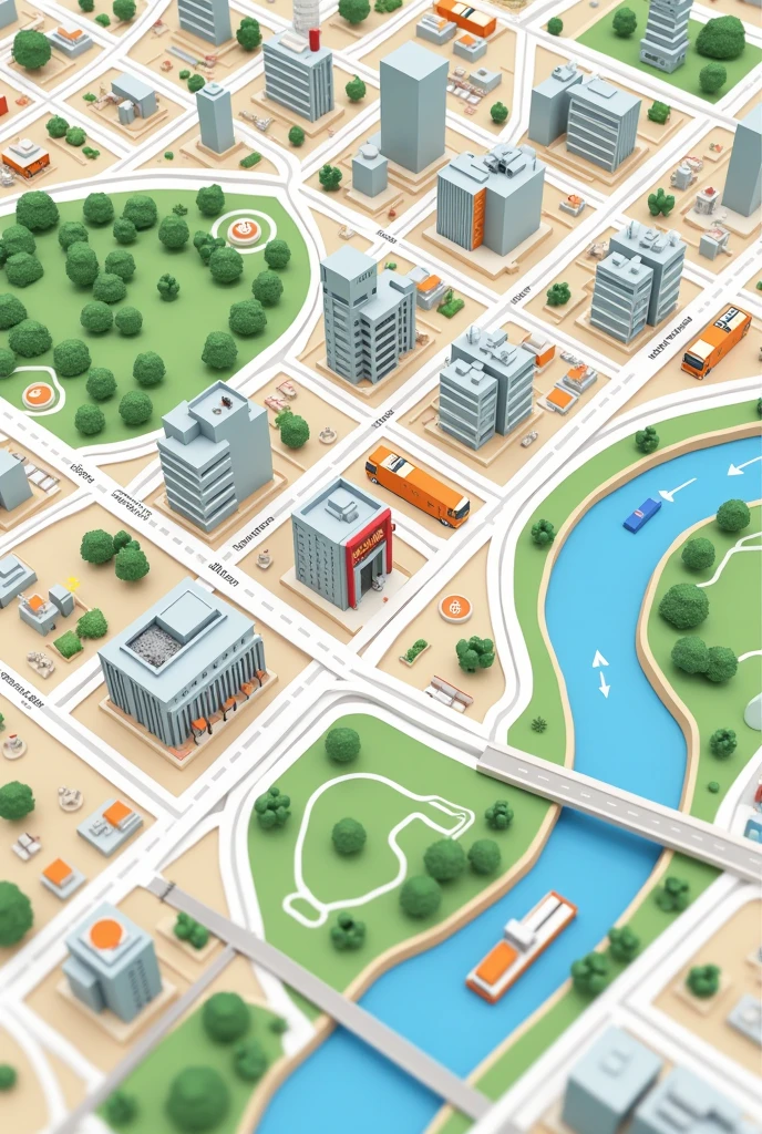 Create an image of a map in the style of Google Maps, showing a city with streets organized in a grid pattern. Include location icons for restaurants, parks, and hospitals, as well as street labels. Add details like a river running through the city, green areas representing parks, and small public transportation icons like buses and metro stations. The image should have a clean and modern look, with soft colors and clear icons, reminiscent of the characteristic Google Maps style.