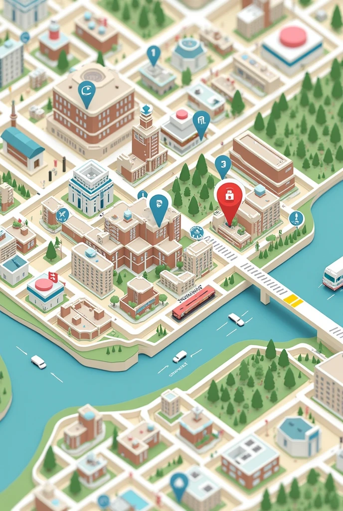Create an image of a map in the style of Google Maps, showing a city with streets organized in a grid pattern. Include location icons for restaurants, parks, and hospitals, as well as street labels. Add details like a river running through the city, green areas representing parks, and small public transportation icons like buses and metro stations. The image should have a clean and modern look, with soft colors and clear icons, reminiscent of the characteristic Google Maps style.