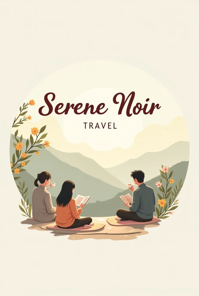 make me a logo of travel or tour that the company name is SERENE NOIR TRAVEL inspired by the Korean drama of HOTEL DE LUNA inspired only, don't change the name of SERENE NOIR TRAVEL and make it calm vibe and relaxing vacations vibe and the name of company is much better if it is at the back of the pictures, it's better if it is morning and there's people enjoying, change the font of SERENE NOIR TRAVEL