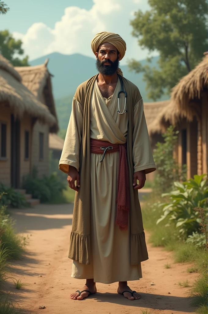 Visual Prompt: Show a man in traditional clothing with a stethoscope around his neck, looking confident but somewhat clueless. The background should depict a rural village setting.