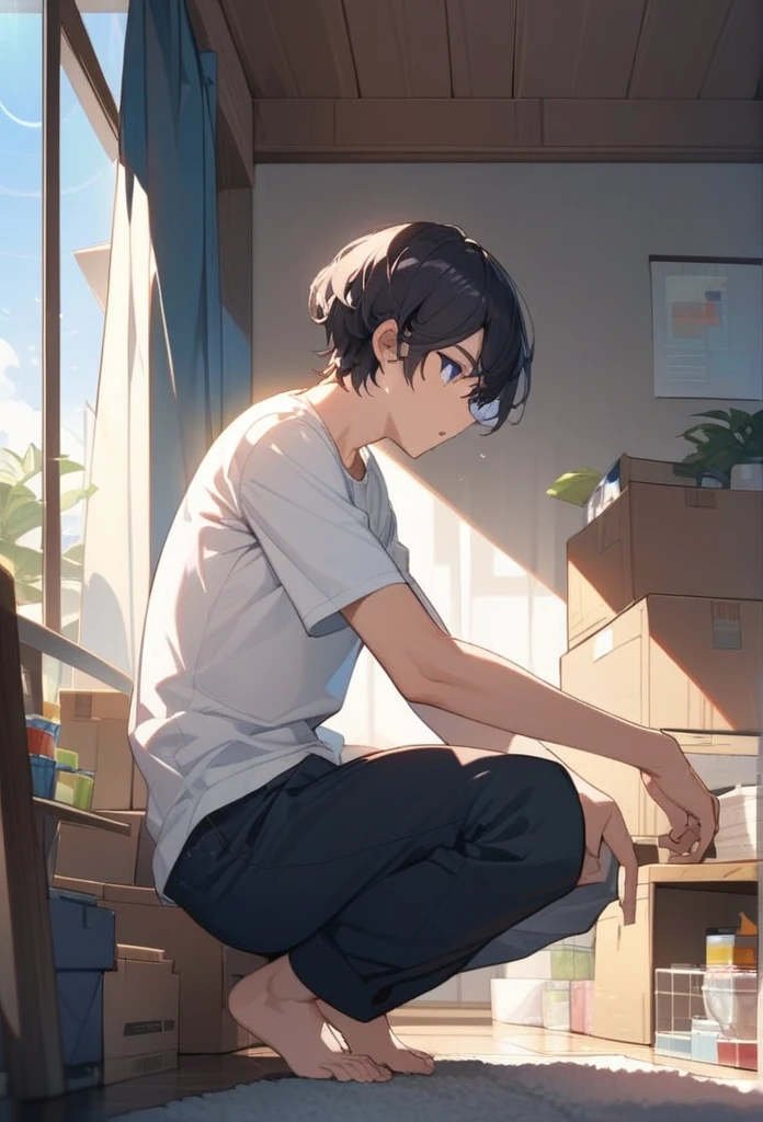 masterpiece, best quality, extremely detailed, ultra detailed, flat anime, 2D,
((1boy)),black hair, (short hair:1.5),blue eyes, height 1.7meters,  (circle eyes:1.2),  (young adult:1.2), Ear-length sideburns,
long Sleeves, White T-shirt, barefoot, ((short sleeves)), ((long pants)),
squatting, looking away, expressionless,open mouth, full body,from side,
summer, 12AM, livingroom,organizing the boxes., I'm looking at the material in my hand.