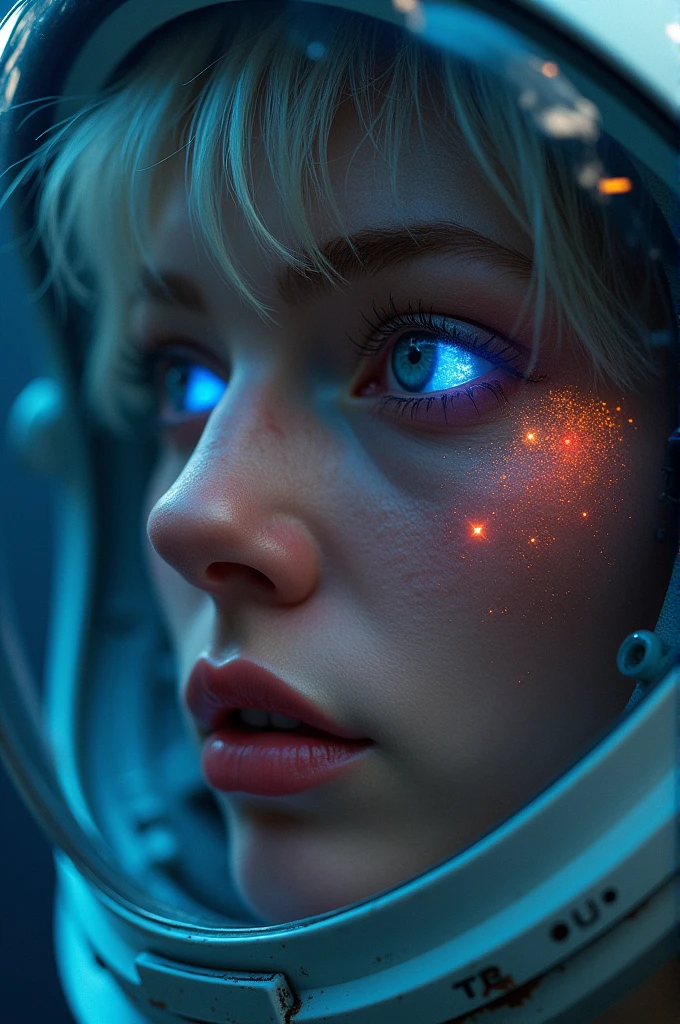 (Close-up of a better masterpiece:1.5)0.9], (Space and astronauts:1.2) (Messy silver hair:1.1) (Heterochromia xanthochromia and blue eyes:1.2) (Space Helmet:1.0) (Colored stars in the eyes:1.0) (A radiant glow:1.1) (thick lips:0.9)