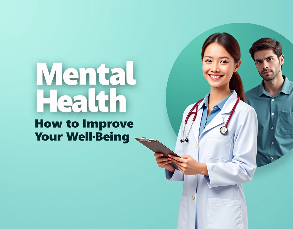 Create an image designed to promote mental health awareness. On the right side of the image, depict a caring female doctor in a white coat, smiling and holding a clipboard. Next to her, in large bold text, write 'Mental Health' and below it in smaller text, add 'How to Improve Your Well-being.' On the far right side, include an image of a man who appears stressed or anxious, representing someone struggling with mental health. Use calming colors like blue and green to give the image a soothing feel."