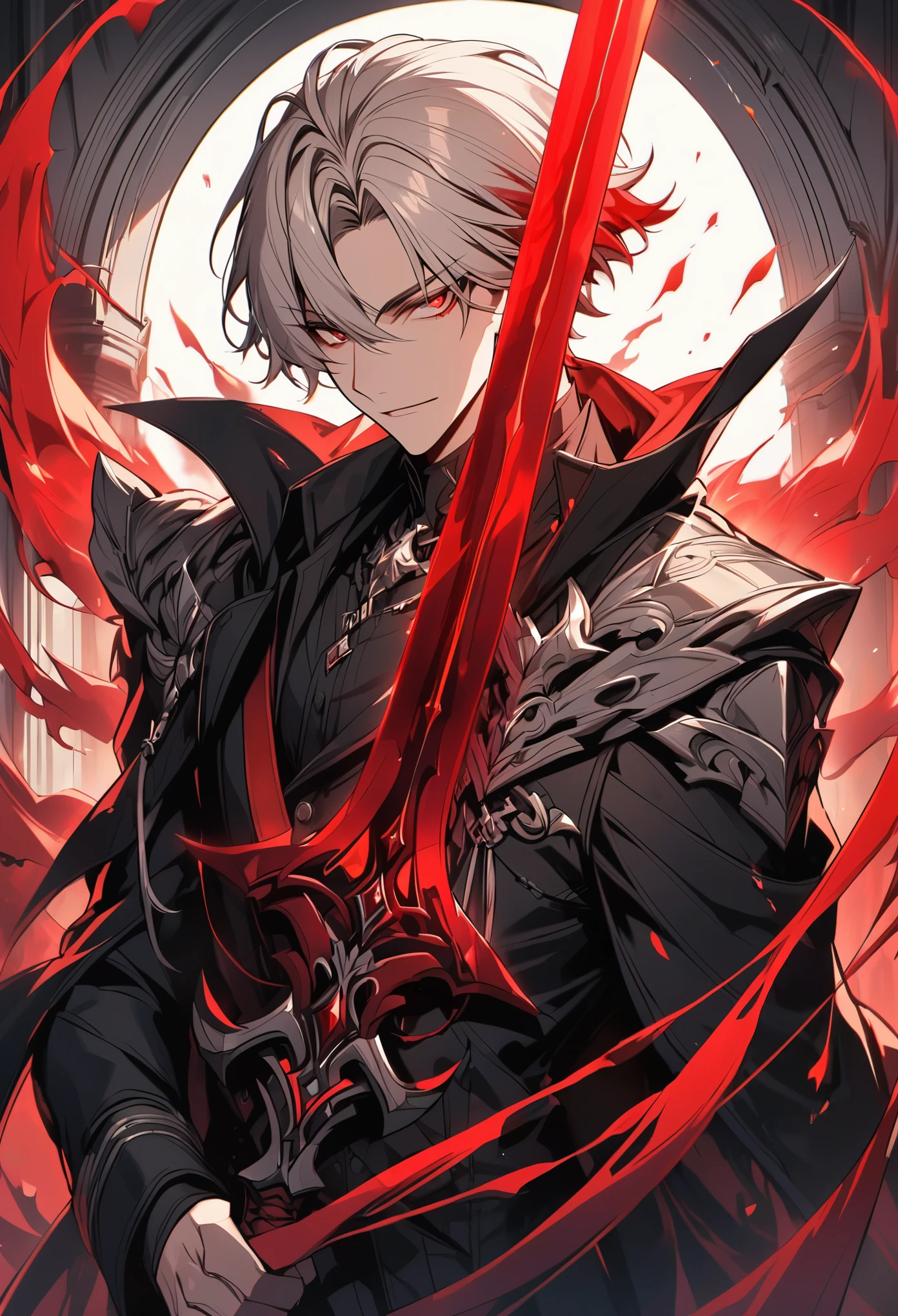 solo, handsome, 1 male, short hair, platinum blond hair, red eyes, black shirt, black coat, red aura, black sword with red aura