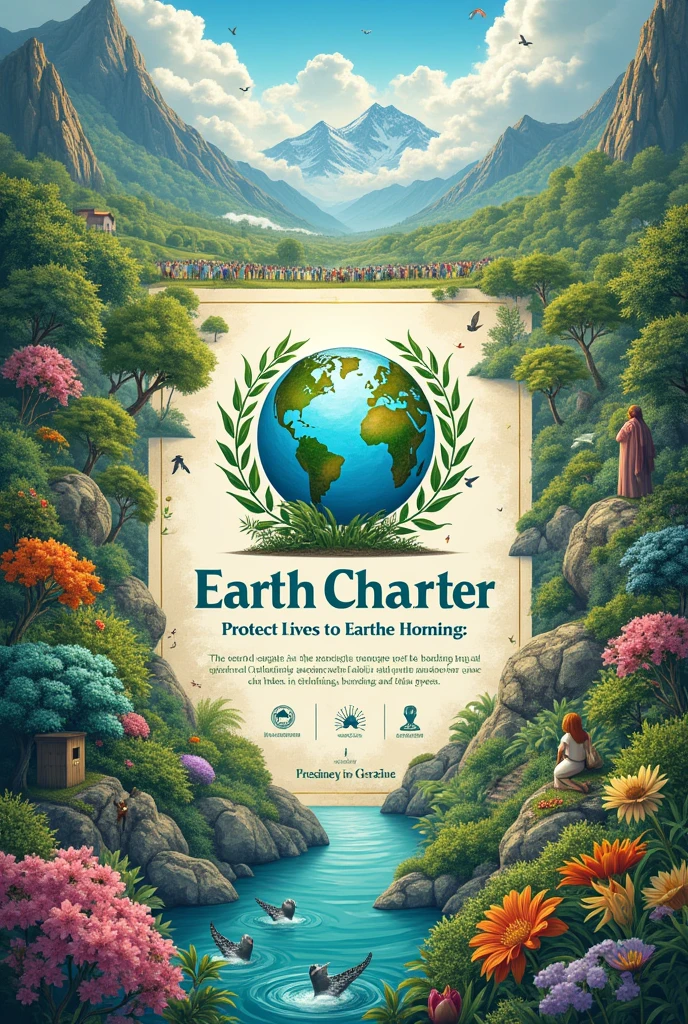 Create a poster to promote the Earth Charter based on the following text, place elements mentioned in the text in the image so that everyone is invited to read the text.: I. Respect and care for the community of life The passage emphasizes the need to respect the Earth and all the diversity of life it harbors, recognizing that all living things are interconnected and have intrinsic value, regardless of its usefulness to humans. Affirms the importance of recognizing the inherent dignity of all human beings, valuing your intellectual potential, artistic, ethical and spiritual. Furthermore, highlights the importance of caring for the community of life with understanding, compassion and love, recognizing that the use and management of natural resources must be accompanied by a commitment to avoid harm to the environment and protect the rights of people. The passage also highlights the responsibility of using freedom, the knowledge and power acquired in order to promote the common good. In addition, advocates the construction of democratic societies that are fair, participatory, sustainable and peaceful, ensuring that everyone has their human rights and fundamental freedoms guaranteed, as well as the importance of preserving the Earth&#39;s gifts and beauty for future generations, recognizing that the actions of each generation must take into account the needs of the next, transmitting values, traditions and institutions that ensure the long-term prosperity of human and ecological communities. 

II. Ecological integrity This excerpt highlights the importance of protecting and restoring the integrity of Earth&#39;s ecological systems., focusing on the conservation of biodiversity and the natural processes that sustain life. The adoption of sustainable development plans that integrate environmental conservation into all development initiatives is advocated.. This includes the creation and protection of nature reserves and marine areas to preserve the ecosystems