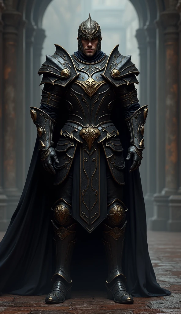{
"size": "1024x1792",
"prompt": "A full-body portrait of Kael Valaran, the Lord Commander of the Iron Talons, wearing highly realistic, masterfully crafted black armor adorned with intricate gold ornaments. The armor features a detailed and imposing cuirass and helmet that signify his high status and battlefield prowess. Kael stands in a powerful and confident pose, his gaze sharp and commanding. The setting is a dimly lit, shadowy hall with subtle hints of a dark fantasy world, and soft, dramatic lighting that emphasizes the textures and details of his armor. The art style is ultra-realistic and richly detailed, capturing the formidable and authoritative presence of Kael Valaran."
}