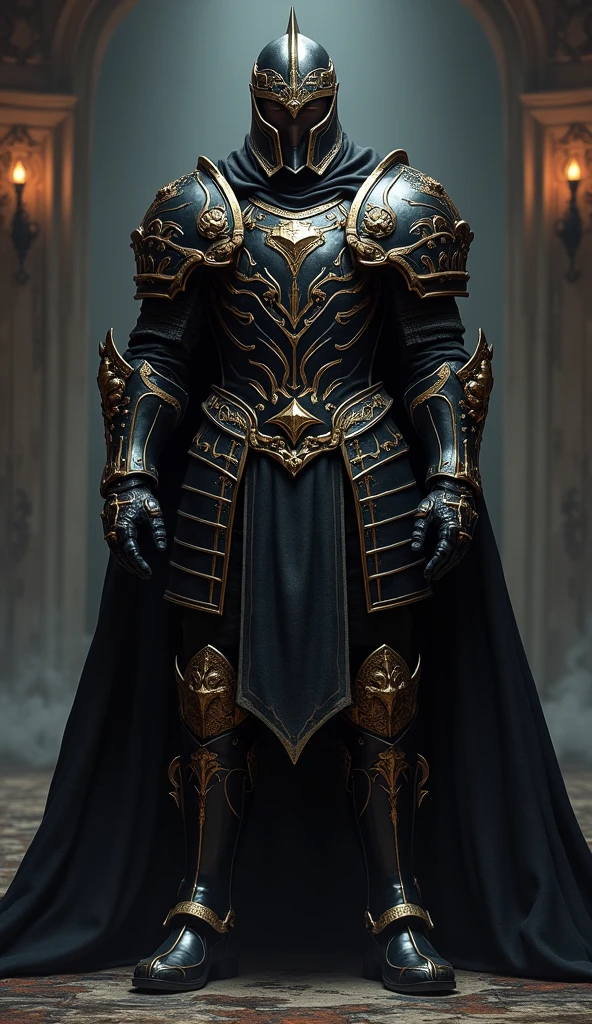 {
"size": "1024x1792",
"prompt": "A full-body portrait of Kael Valaran, the Lord Commander of the Iron Talons, wearing highly realistic, masterfully crafted black armor adorned with intricate gold ornaments. The armor features a detailed and imposing cuirass and helmet that signify his high status and battlefield prowess. Kael stands in a powerful and confident pose, his gaze sharp and commanding. The setting is a dimly lit, shadowy hall with subtle hints of a dark fantasy world, and soft, dramatic lighting that emphasizes the textures and details of his armor. The art style is ultra-realistic and richly detailed, capturing the formidable and authoritative presence of Kael Valaran."
}