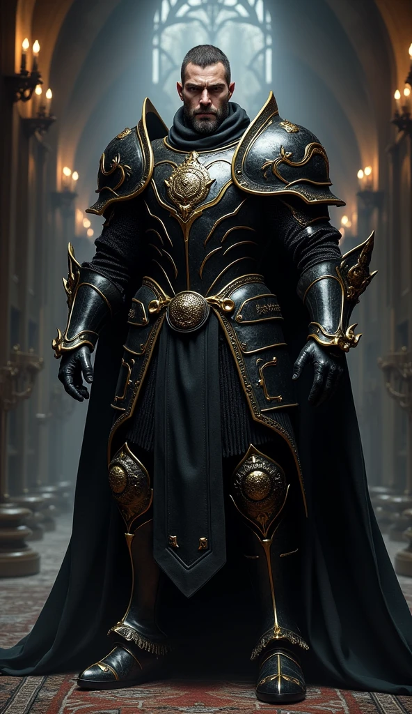 {
  "size": "1024x1792",
  "prompt": "A full-body portrait of Kael Valaran, the Lord Commander of the Iron Talons, wearing highly realistic, masterfully crafted black armor adorned with intricate gold ornaments. The armor features a detailed and imposing cuirass and helmet that signify his high status and battlefield prowess. Kael stands in a powerful and confident pose, his gaze sharp and commanding. The setting is a dimly lit, shadowy hall with subtle hints of a dark fantasy world, and soft, dramatic lighting that emphasizes the textures and details of his armor. The art style is ultra-realistic and richly detailed, capturing the formidable and authoritative presence of Kael Valaran."
}
