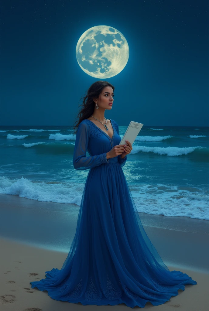 A moroccan woman holding card with blue dress at night on beach
